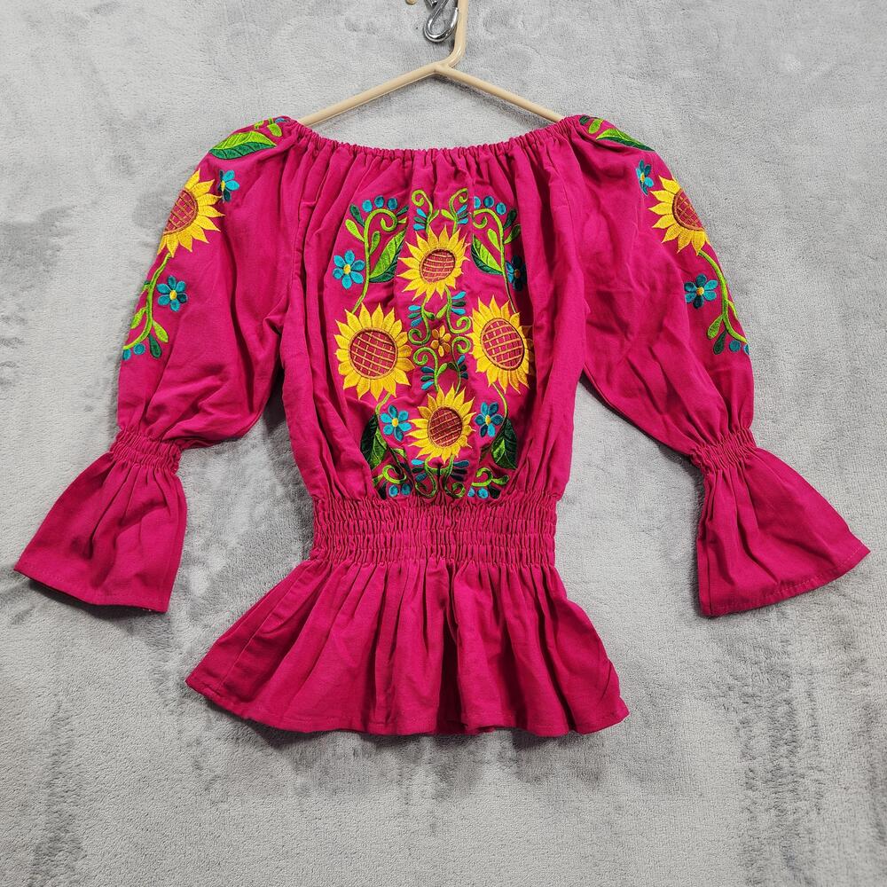 Vintage Sunflower Top Womens S Pink Embroidered Off Shoulder Peplum 3/4 Sleeve